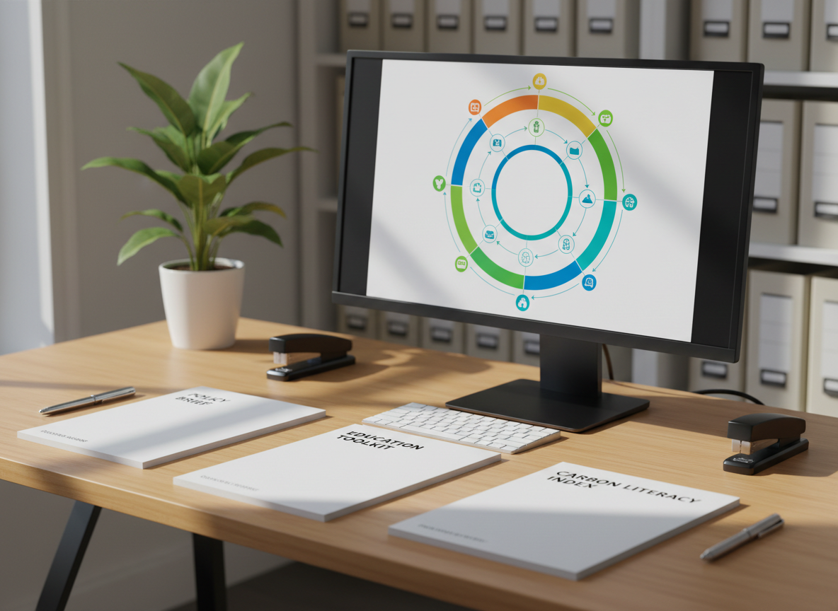 A meticulously organized workspace dedicated to sustainability research, with a large matte-black monitor displaying a colorful circular infographic of carbon flows and resource cycles. Surrounding the monitor are neatly stacked recycled paper reports with clean, minimalist covers labeled “Policy Brief,” “Education Toolkit,” and “Carbon Literacy Index.” A pale bamboo desk surface reflects soft, diffused daylight from an unseen window, casting gentle shadows and subtle highlights on metal stationery and a slim keyboard. The background is softly blurred shelves holding labeled archive boxes and a single lush green plant in a simple white pot. Photographic realism, eye-level composition with a slight three-quarter angle, crisp focus on the documents and screen, creating a professional, calm, and deeply analytical mood suitable for a sustainability think tank homepage hero image.