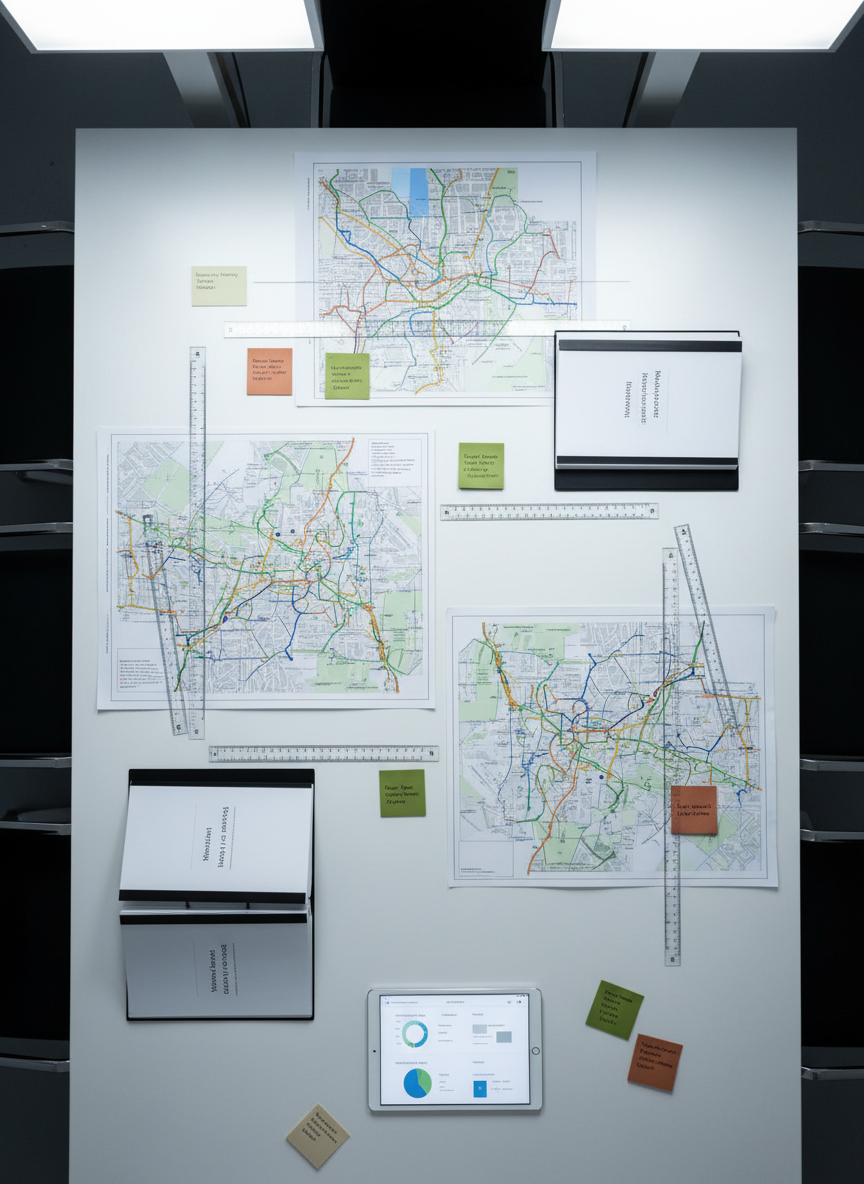 A high-contrast top-down photograph of a large white conference table arranged as a sustainability strategy war-room, but without people. On the table, overlapping sheets display detailed maps of a city, annotated with colored routes for waste streams, recycling hubs, and green infrastructure. Transparent rulers, sticky notes in muted earth tones, and open binders labeled “Municipal Policy Draft” and “Resource Literacy Curriculum” form a structured grid. A tablet shows a dashboard of carbon metrics with simple, elegant charts. Cool, even overhead lighting creates minimal shadows and a clinical, data-driven atmosphere. The composition uses strong geometric lines and a minimalist aesthetic, with sharp focus across the frame, embodying a professional, policy-focused environment where practical solutions for sustainability are designed.