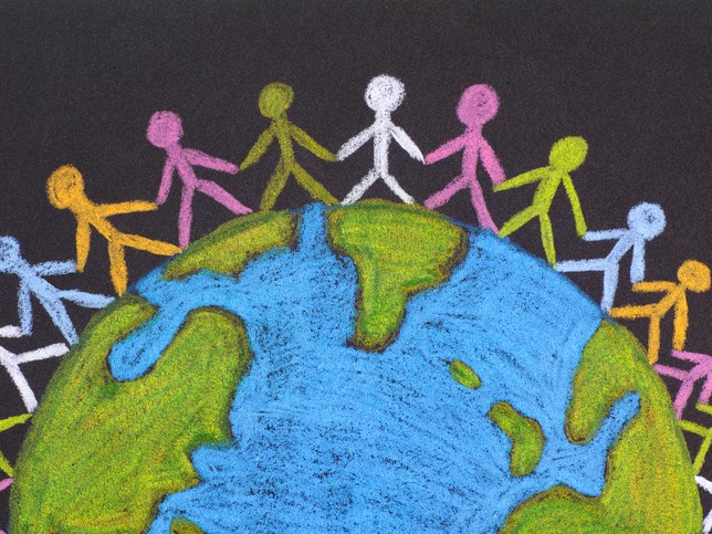 Group of people around the world. Pencil drawing.